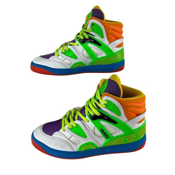 Gucci Women's Basket High Top Basketball Shoes White Green Purple Sz 37.5 - Picture 2 of 14